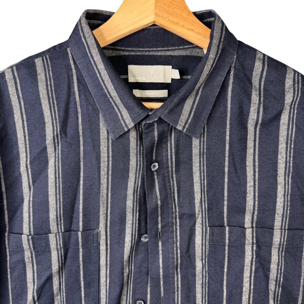 Vince Mens Classic Fit Navy Blue Grey Striped Cotton Button Down Shirt XL M5131